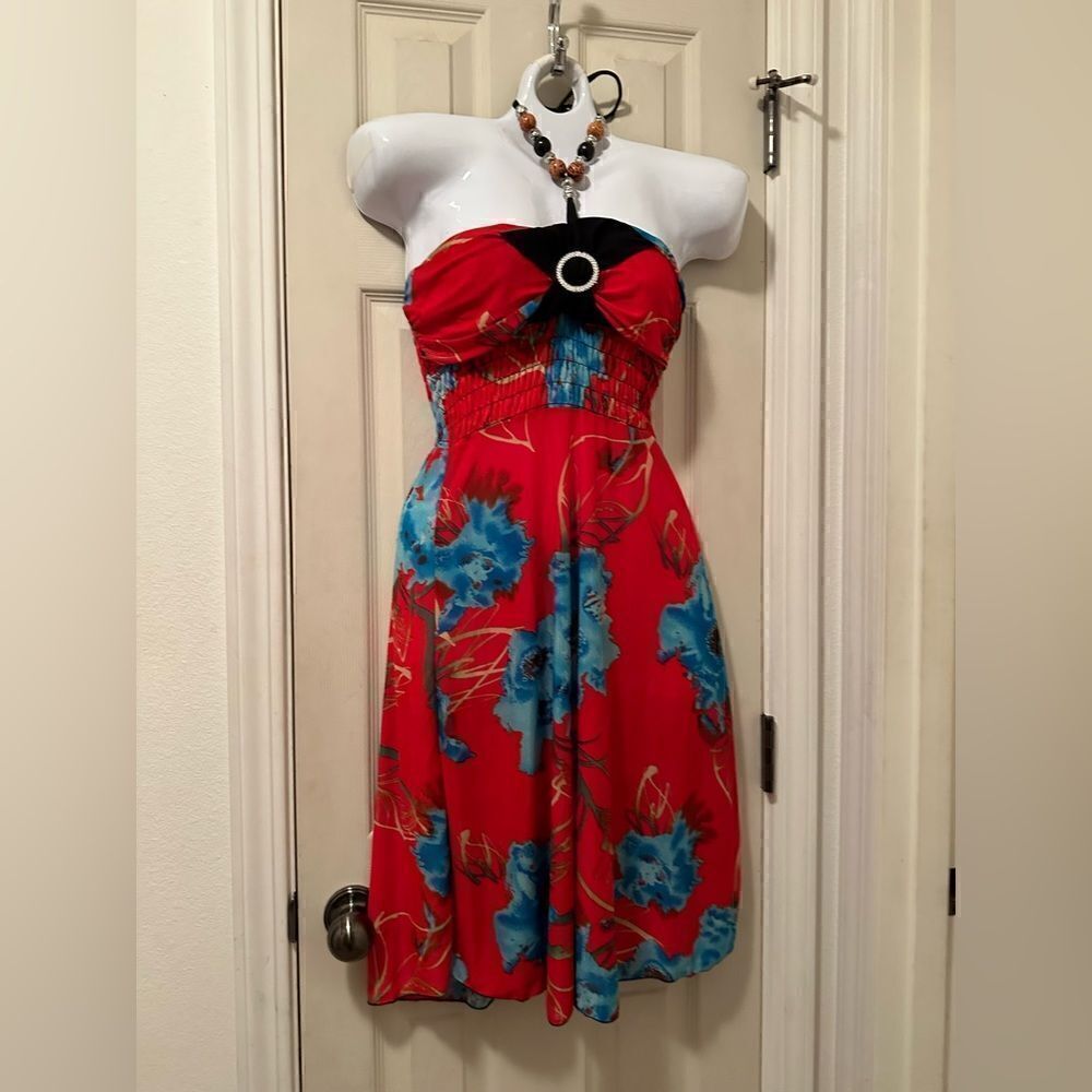 Beaded halter beach dress - size small med - smocked back and under bra area